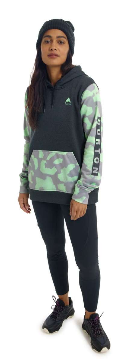 Burton Women's Oak Pullover Hoodie - A light green, grey and black camouflage patterned hoodie with a drawstring hood.