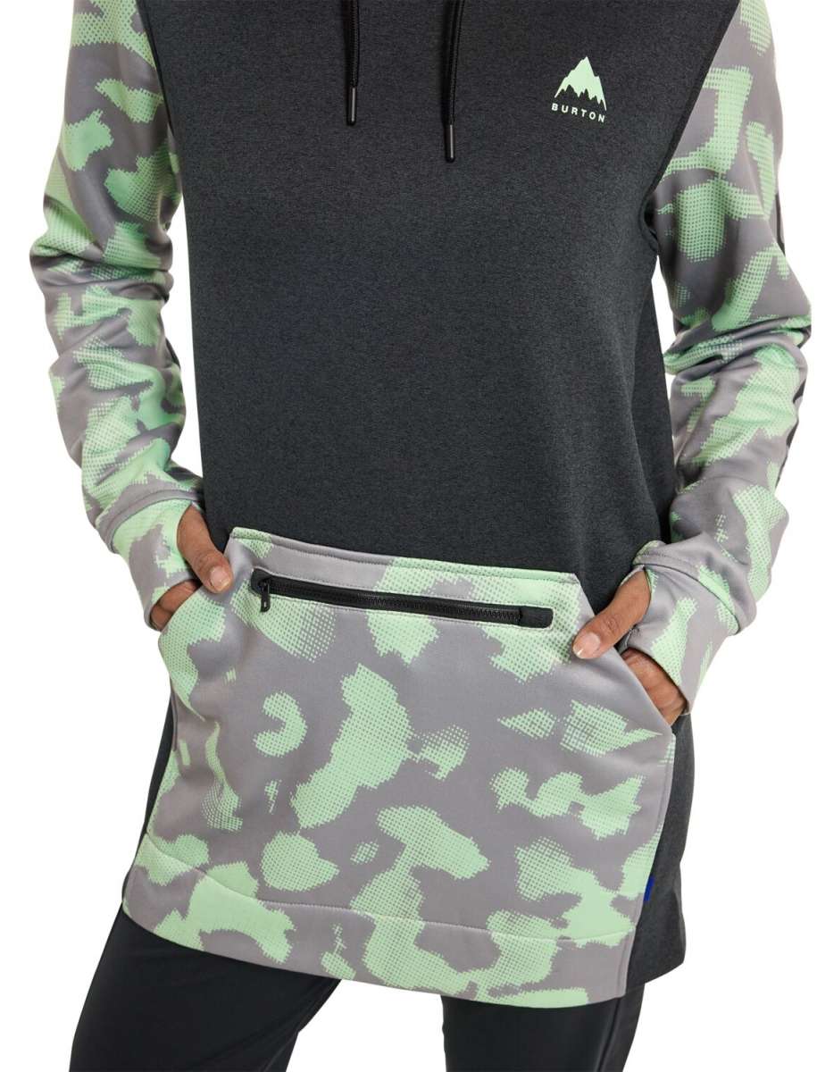 Burton Women's Oak Pullover Hoodie 2023 - A dark gray hoodie with a small white logo featuring a mountain and the word "BURTON" in all caps above it.