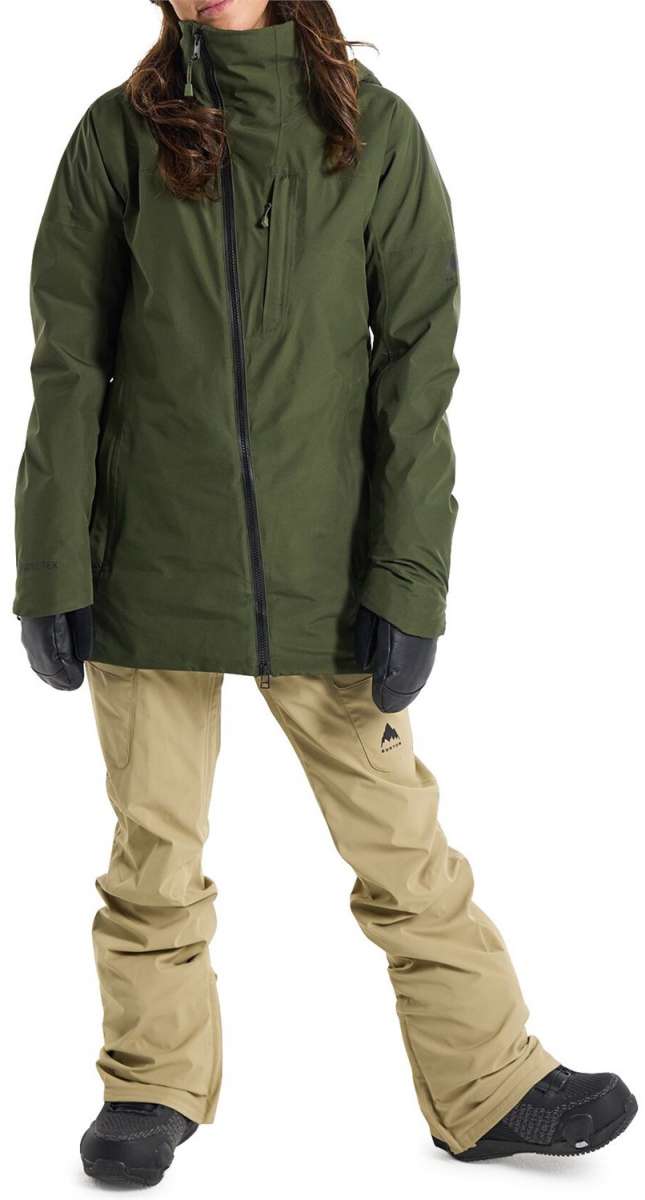 Burton Women's Pillowline GORE-TEX Insulated Jacket - A dark green jacket with a high collar and zippered pockets, featuring a black zipper on the chest.
