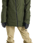 Burton Women's Pillowline GORE-TEX Insulated Jacket - A dark green jacket with a high collar and zippered pockets, featuring a black zipper on the chest.