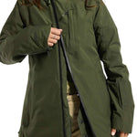 Burton Women's Pillowline GORE-TEX Insulated Jacket 2024 - A dark green jacket with a high collar and zippered pockets.