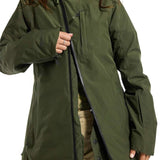 Burton Women's Pillowline GORE-TEX Insulated Jacket 2024 - A dark green jacket with a high collar and zippered pockets.