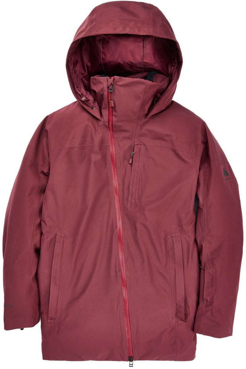 Burton Women's Pillowline GORE-TEX Insulated Jacket 2024 - A burgundy jacket with a hood, featuring a zipper down the front and two zippered pockets on either side.