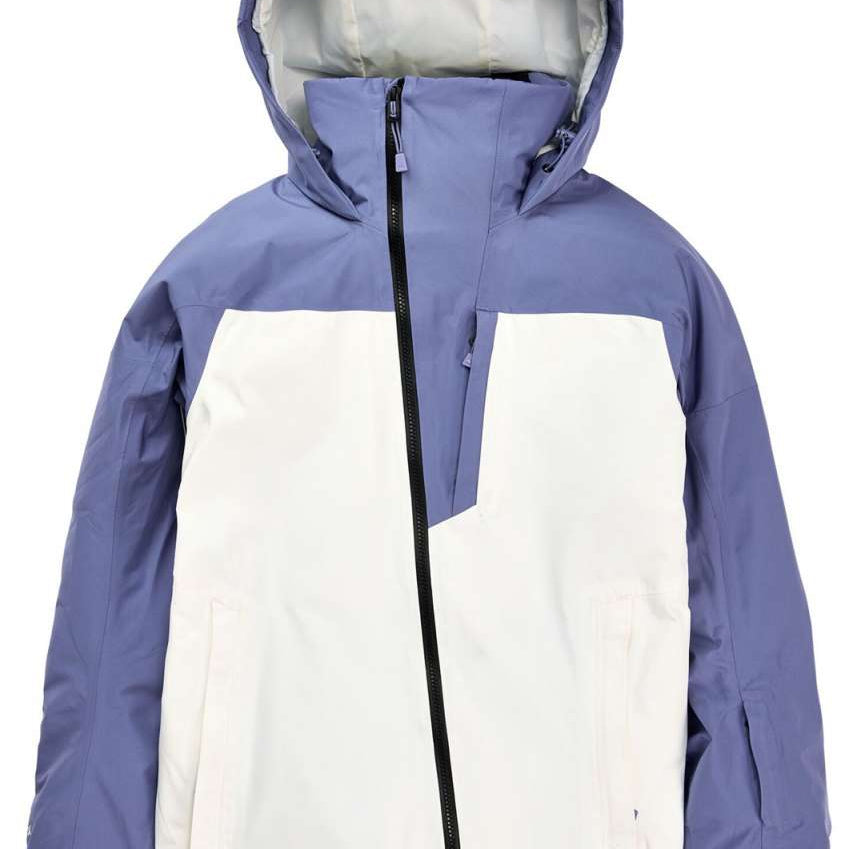 Burton Women's Pillowline GORE-TEX Insulated Jacket 2024 - A blue and white jacket with a hood, featuring a zipper down the front.