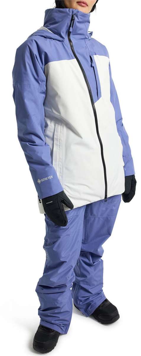 Burton Women's Pillowline GORE-TEX Insulated Jacket 2024 - A blue and white jacket with a hood, zipper closure, and two zippered pockets on the front.