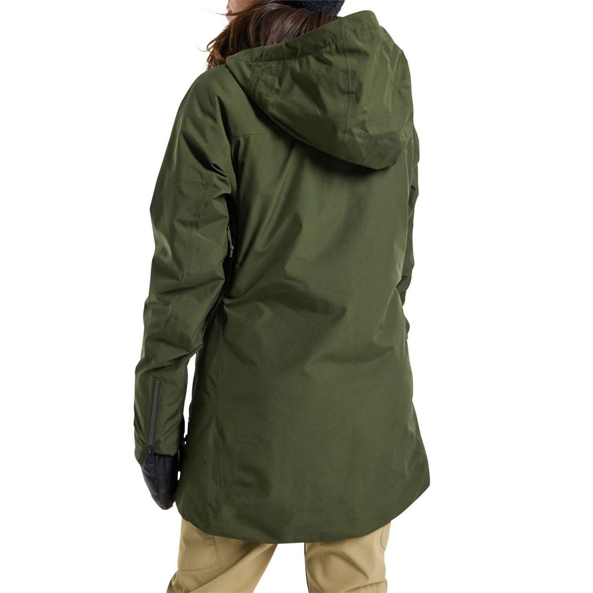 Burton Women's Pillowline GORE-TEX Insulated Jacket 2024 - A dark green jacket with a hood, featuring a zipper and two pockets on the front.