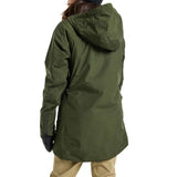 Burton Women's Pillowline GORE-TEX Insulated Jacket 2024 - A dark green jacket with a hood, featuring a zipper and two pockets on the front.