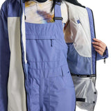 Burton Women's Pillowline GORE-TEX Insulated Jacket 2024 - A blue and white jacket with a black zipper on the chest, featuring a hood and adjustable cuffs.