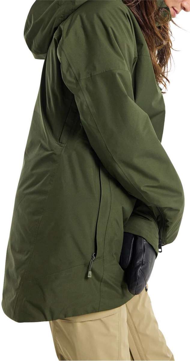 Burton Women's Pillowline GORE-TEX Insulated Jacket 2024 - A dark green jacket with a hood, featuring two zippered pockets on the front and a zipper down the middle.