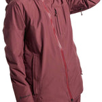 Burton Women's Pillowline GORE-TEX Insulated Jacket 2024 - A burgundy jacket with a hood and black zipper, featuring a GORE-TEX logo on the left sleeve.