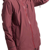 Burton Women's Pillowline GORE-TEX Insulated Jacket 2024 - A burgundy jacket with a hood and black zipper, featuring a GORE-TEX logo on the left sleeve.