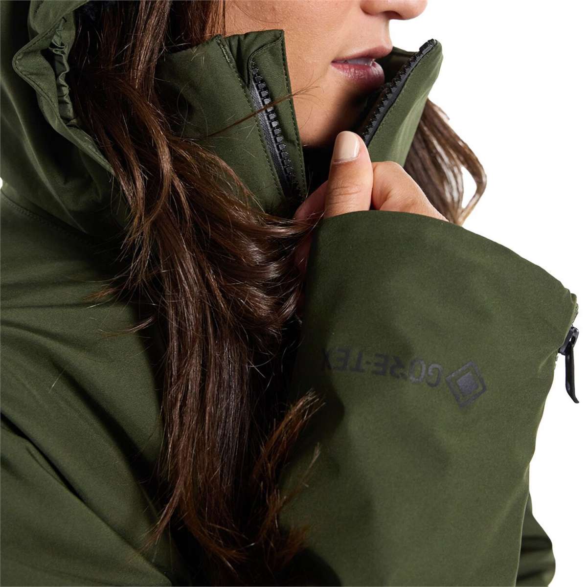 Burton Women's Pillowline GORE-TEX Insulated Jacket 2024 - A dark green jacket with a hood and zipper closure.