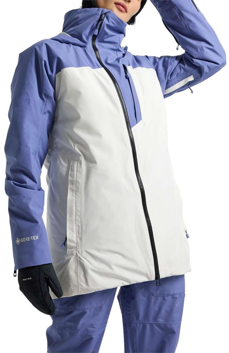 Burton Women's Pillowline GORE-TEX Insulated Jacket 2024 - A blue and white jacket with a hood, featuring a zipper down the front.