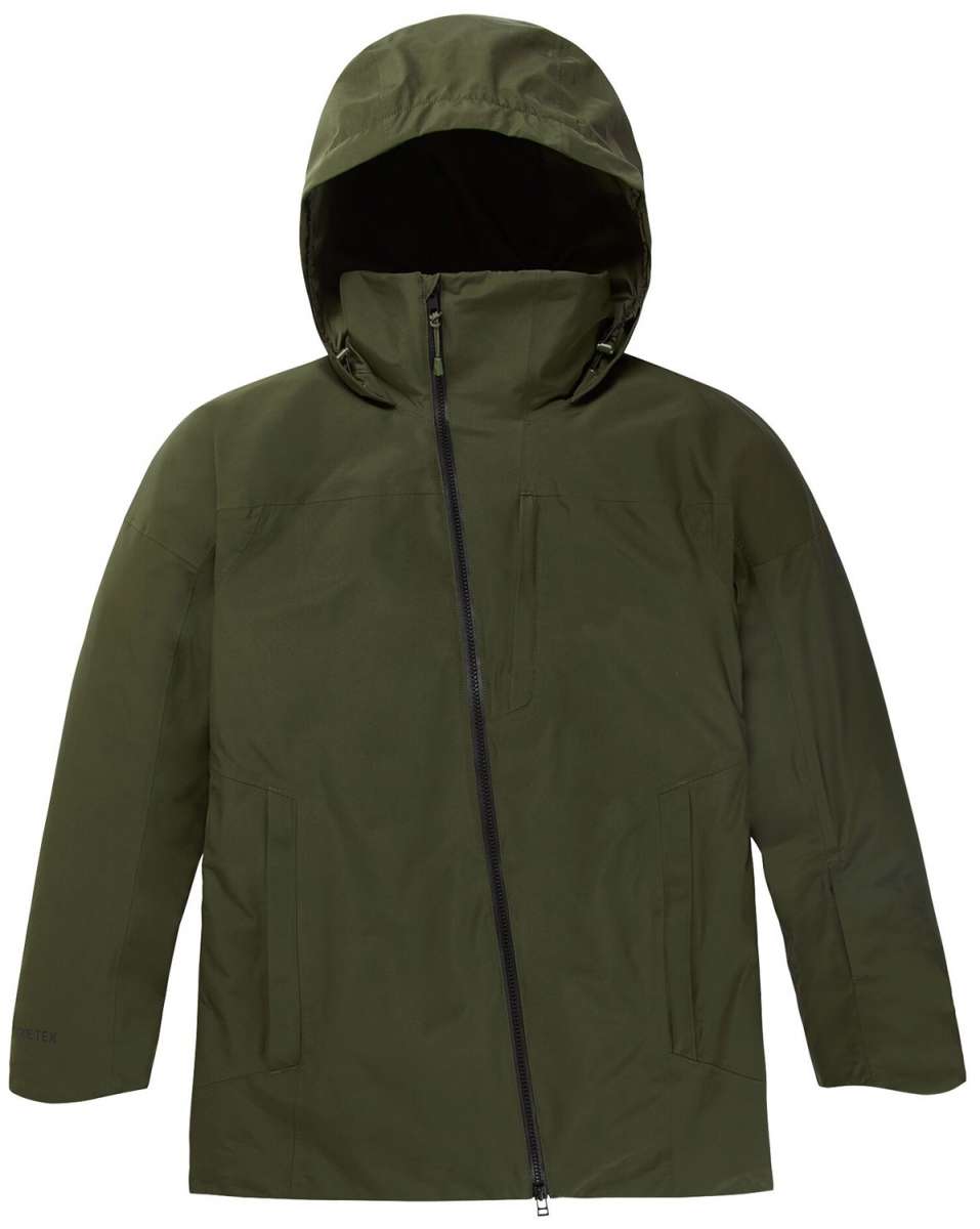Burton Women's Pillowline GORE-TEX Insulated Jacket 2024 - A dark green jacket with a hood, featuring a zipper down the front and two zippered pockets on either side.