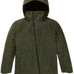 Burton Women's Pillowline GORE-TEX Insulated Jacket 2024 - A dark green jacket with a hood, featuring a zipper down the front and two zippered pockets on either side.