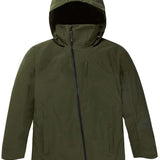 Burton Women's Pillowline GORE-TEX Insulated Jacket 2024 - A dark green jacket with a hood, featuring a zipper down the front and two zippered pockets on either side.