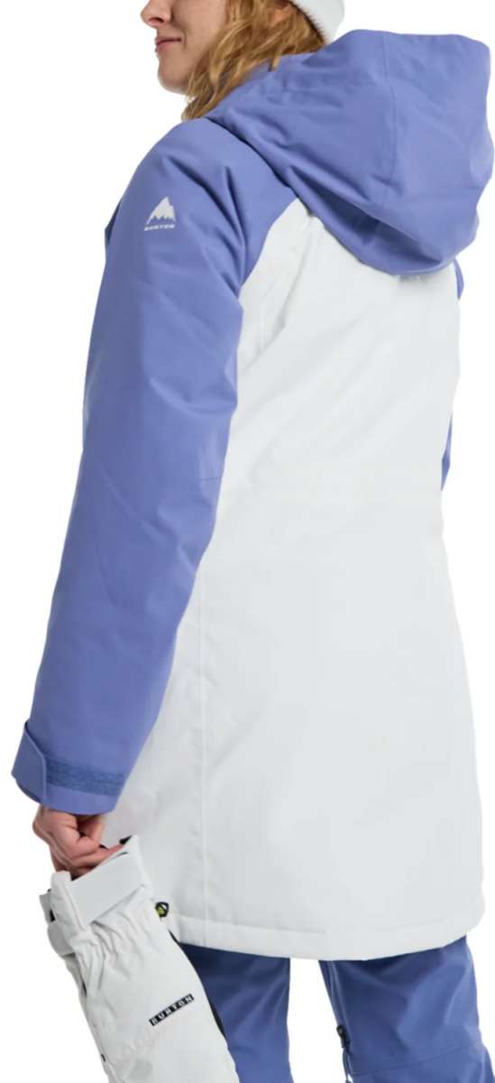 Burton Women's Prowess 2.0 2L Jacket 2024 - A blue and white jacket with a hood, featuring a mountain graphic on the left sleeve.