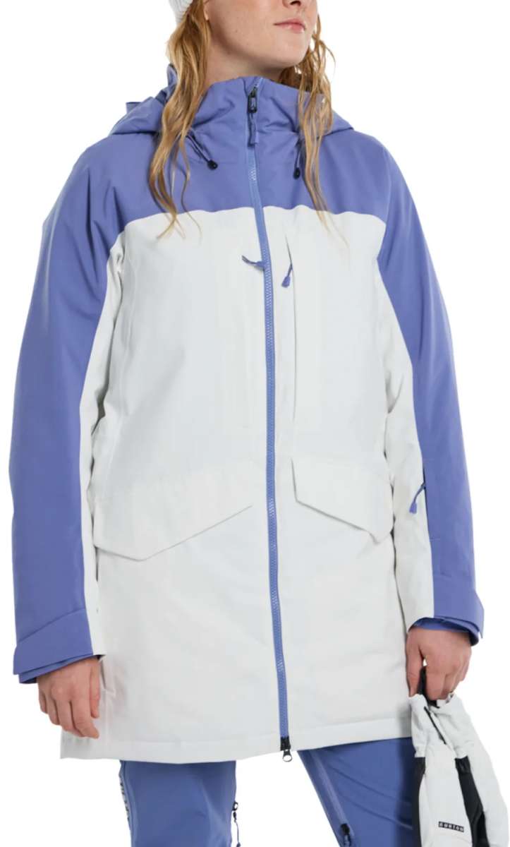 Burton Women's Prowess 2.0 2L Jacket 2024 - A white and blue jacket with a hood, featuring two zippered pockets on the front.