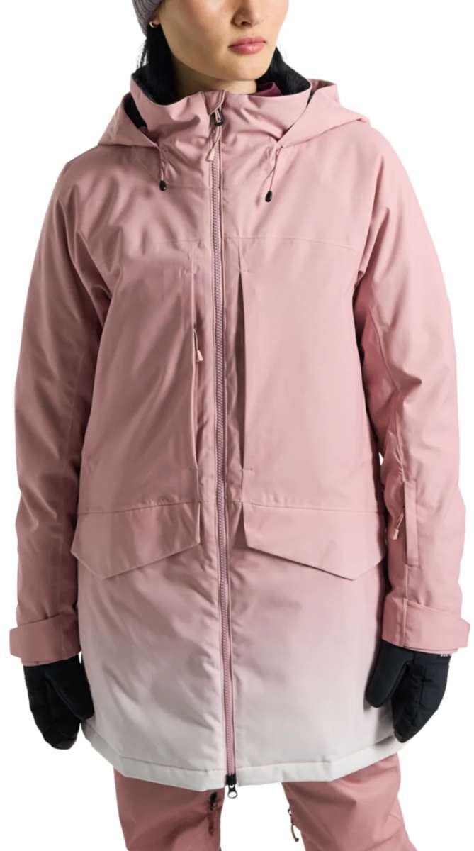 Burton Women's Prowess 2.0 2L Jacket 2024 - A dusty rose-colored jacket with a hood and multiple pockets, featuring a zipper down the front.