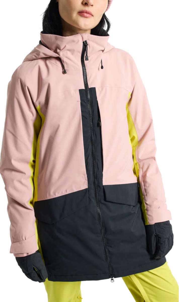 Burton Women's Prowess 2.0 2L Jacket 2024 - A dusty rose-colored jacket with black accents and a high collar, featuring a zippered chest pocket on the left side.
