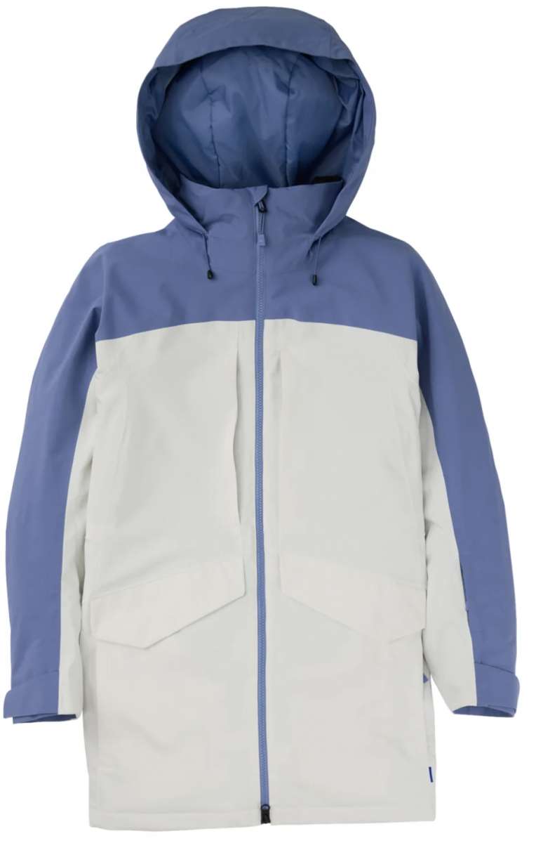 Burton Women's Prowess 2.0 2L Jacket 2024 - A blue and white jacket with a hood, featuring two zippered pockets on the front.
