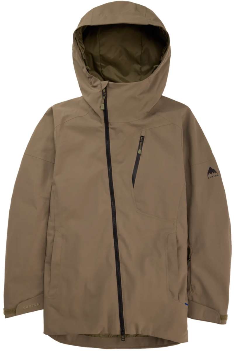 Burton Women's Pyne 2L Shell Jacket 2024 - A tan-colored jacket with a hood, featuring two zippered pockets on the front and a small logo on the left sleeve.