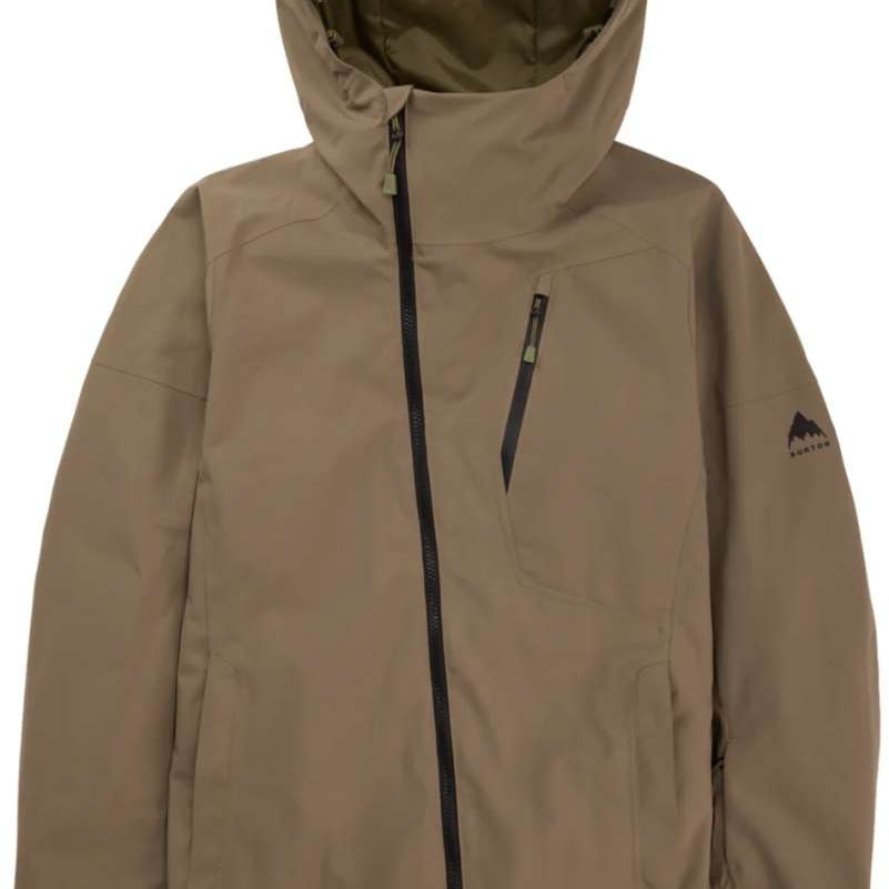Burton Women's Pyne 2L Shell Jacket 2024 - A tan-colored jacket with a hood, featuring two zippered pockets on the front and a small logo on the left sleeve.