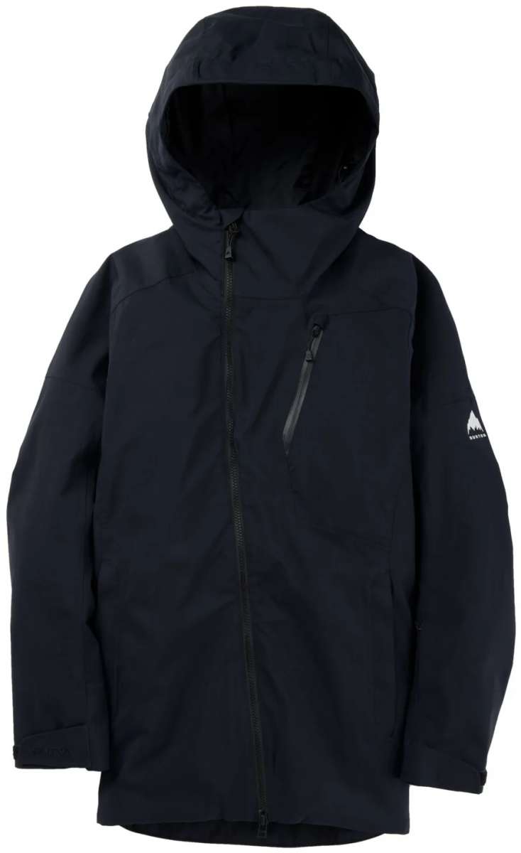 Burton Women's Pyne 2L Shell Jacket 2024 - A black jacket with a hood, featuring a zippered chest pocket and adjustable cuffs.