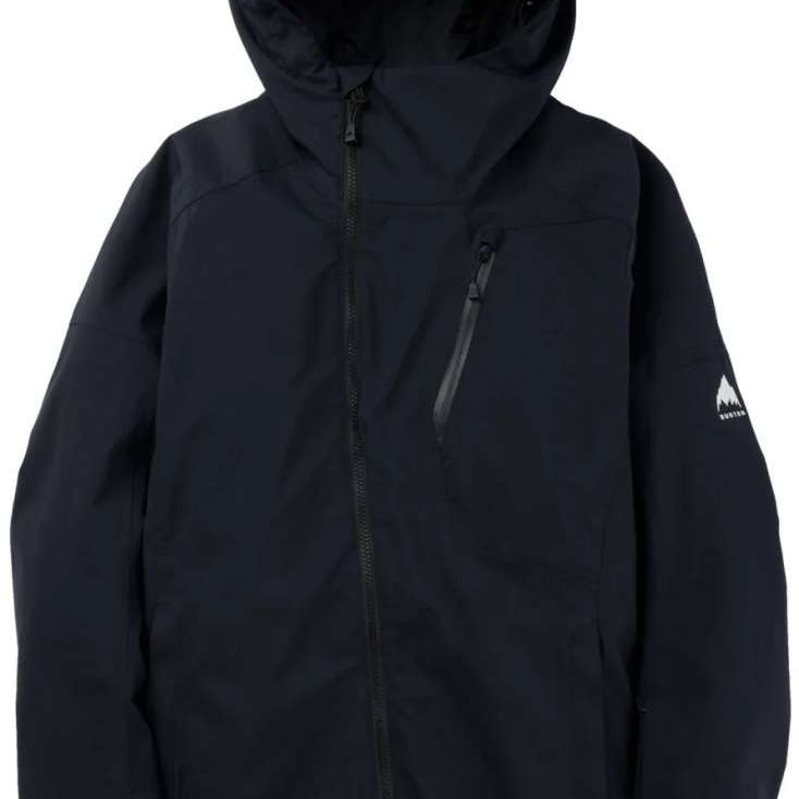 Burton Women's Pyne 2L Shell Jacket 2024 - A black jacket with a hood, featuring a zippered chest pocket and adjustable cuffs.