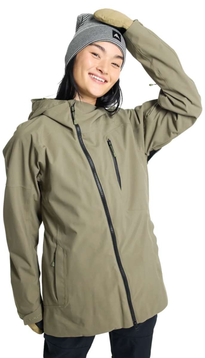 Burton Women's Pyne 2L Shell Jacket 2024 - A khaki-colored jacket with a hood, featuring two zippered pockets on the front and a black zipper down the center.
