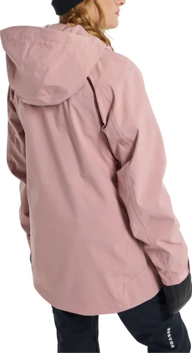 Burton Women's Pyne 2L Shell Jacket 2024 - A dusty rose-colored jacket with a hood, featuring a zipper and two zippered pockets on the front.