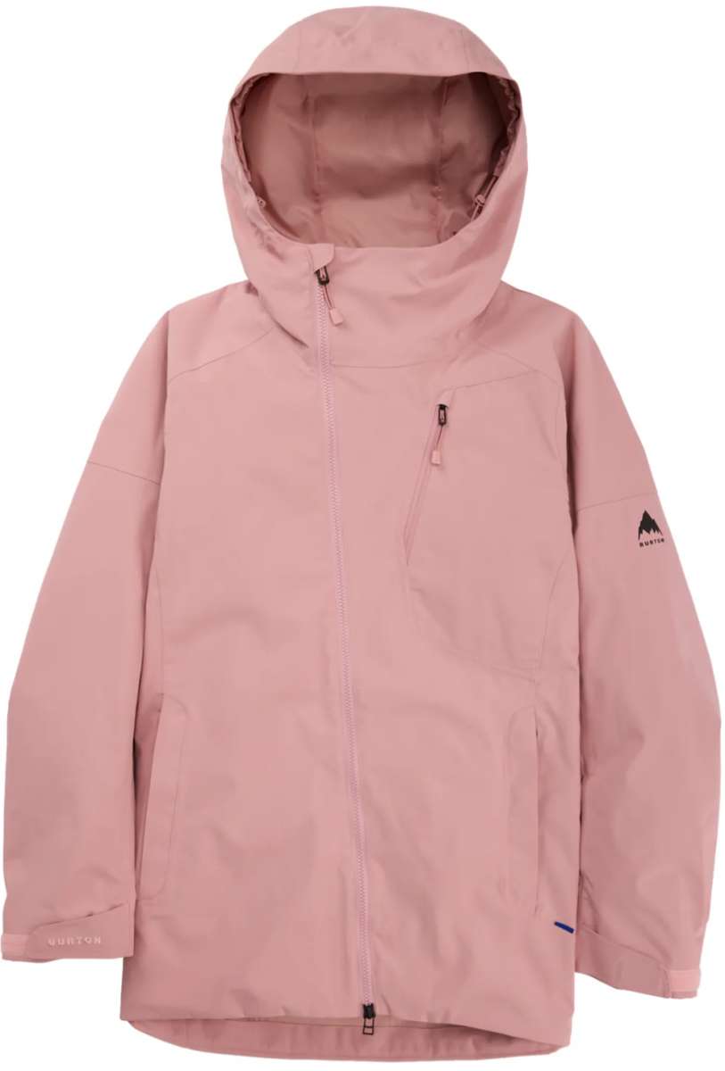 Burton Women's Pyne 2L Shell Jacket 2024 - A dusty rose-colored jacket with a hood, featuring two zippered pockets on the front and a small logo on the left sleeve.