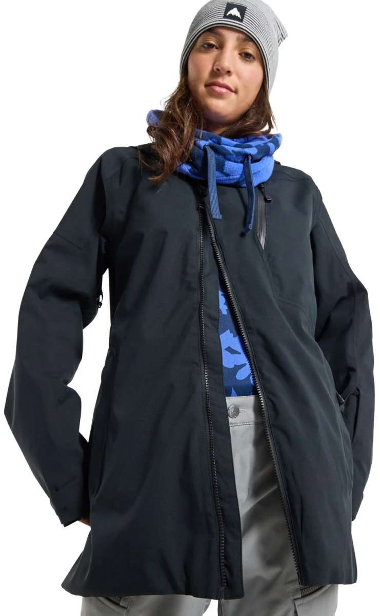 Burton Women's Pyne 2L Shell Jacket 2024 - A black jacket with a zippered front and two side pockets, featuring a hood and adjustable cuffs.