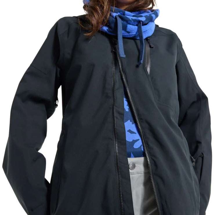 Burton Women's Pyne 2L Shell Jacket 2024 - A black jacket with a zippered front and two side pockets, featuring a hood and adjustable cuffs.