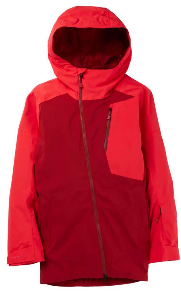 Burton Ladies Pyne Shell Jacket 2023 - A red jacket with a hood, featuring a zippered chest pocket and adjustable cuffs.