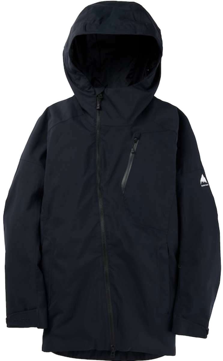 Burton Ladies Pyne Shell Jacket 2023 - A black jacket with a hood, featuring a zippered chest pocket and a white logo on the left sleeve.