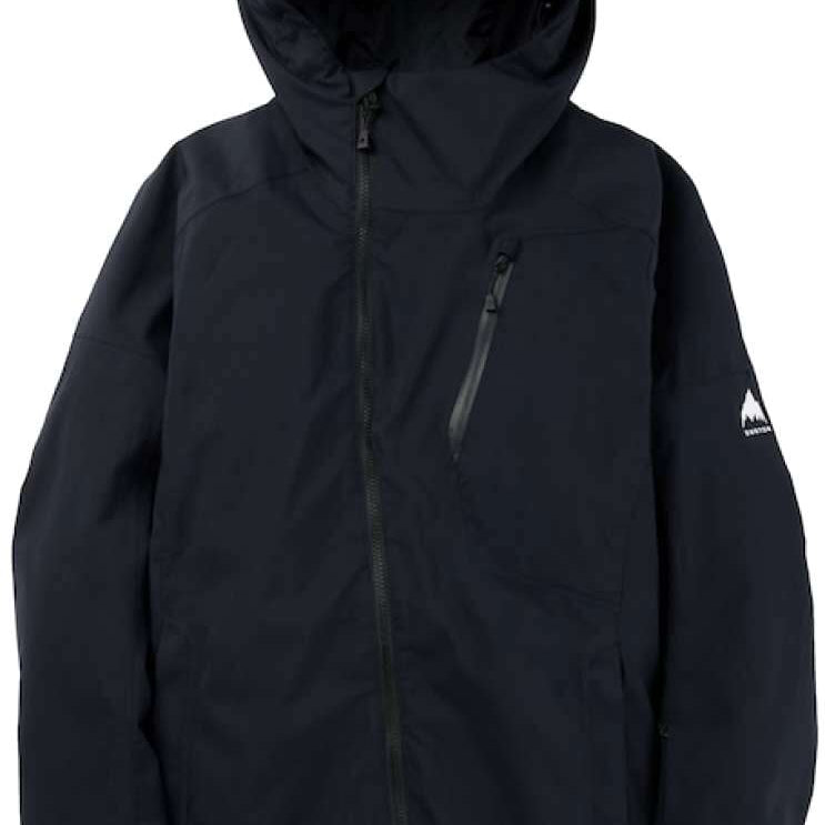 Burton Ladies Pyne Shell Jacket 2023 - A black jacket with a hood, featuring a zippered chest pocket and a white logo on the left sleeve.