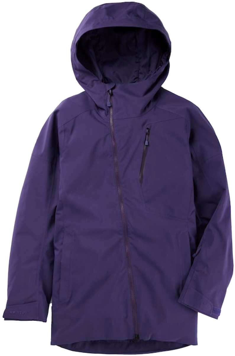 Burton Ladies Pyne Shell Jacket 2023 - A purple jacket with a hood, featuring two zippered pockets on either side and a central zipper down the front.
