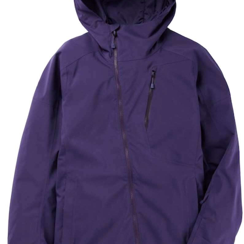 Burton Ladies Pyne Shell Jacket 2023 - A purple jacket with a hood, featuring two zippered pockets on either side and a central zipper down the front.