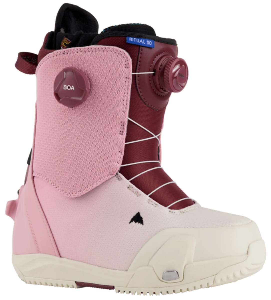 Burton Women's Ritual Step On Boot 2024 - A pink snowboard boot with a black strap and buckle on top, featuring a small logo near the toe.