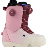 Burton Women's Ritual Step On Boot 2024 - A pink snowboard boot with a black strap and buckle on top, featuring a small logo near the toe.
