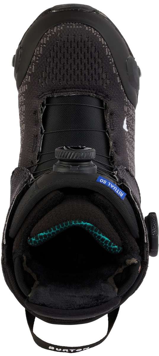 Burton Women's Ritual Step On Boot 2024 - Black boot with white stitching and a blue tag on the side.