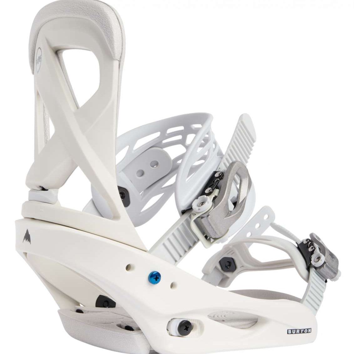Burton Women's Scribe Snowboard Binding 2023 - A white snowboard binding with a blue screw on the front and a gray strap buckle.