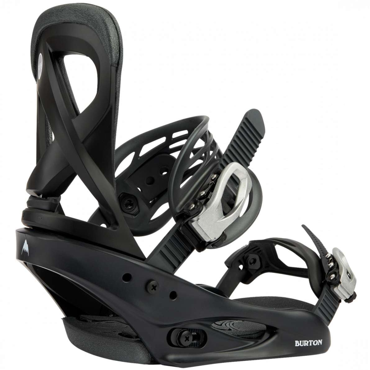 Burton Women's Scribe Snowboard Binding 2023 - A black snowboard binding with a white logo on the strap and silver buckles.