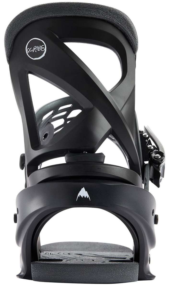 Burton Women's Scribe Snowboard Binding - A black snowboard binding with a white logo featuring a stylized mountain range and the word "SCRIBE" in cursive script.