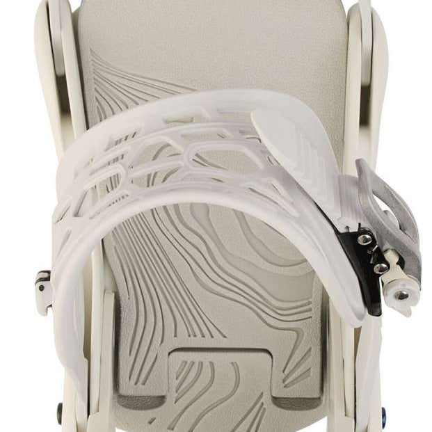 Burton Women's Scribe Snowboard Binding - A white snowboard binding with a textured pattern on the baseplate and straps, viewed from the back.