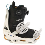 Burton Women's Scribe Snowboard Binding 2024 - A black snowboard binding with white buckles and straps, featuring a sleek design on a solid background.