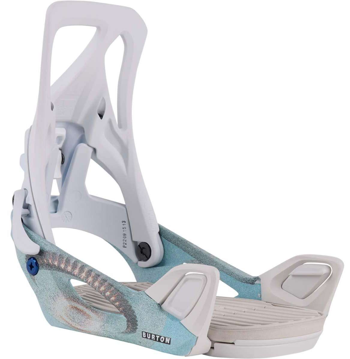 Burton Women's Step On Snowboard Bindings 2024 - A pair of light blue snowboard bindings with a textured pattern on the straps and a white baseplate.