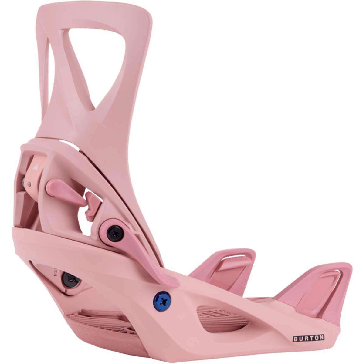 Burton Women's Step On Snowboard Bindings 2024 - A pair of women's snowboard bindings in a light pink color with black screws and buckles.