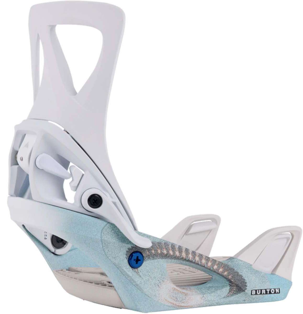 Burton Women's Step On Snowboard Bindings 2024 - A pair of white snowboard bindings with a blue logo on the front strap.